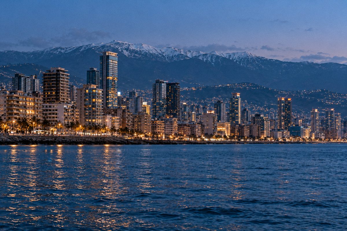 Beirut's seafront at blue hour with Mount Lebanon behind