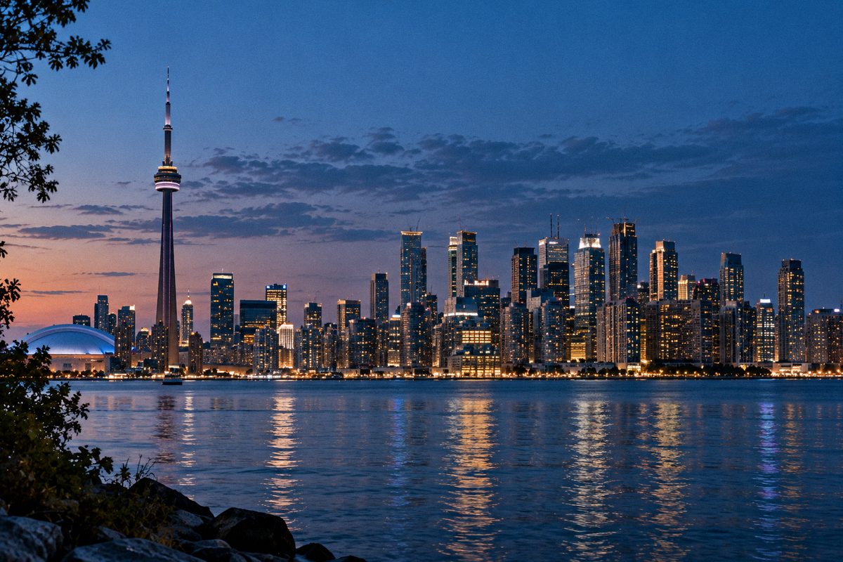 Toronto's skyline across the lake at blue hour